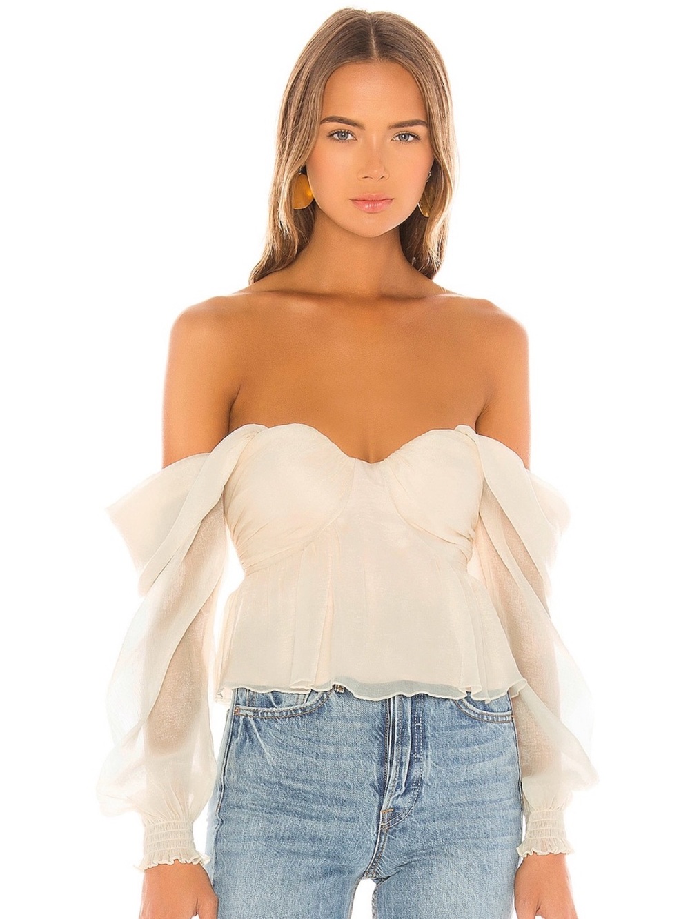 House of Harlow Off-Shoulder Sheer Peplum Top in Cream
